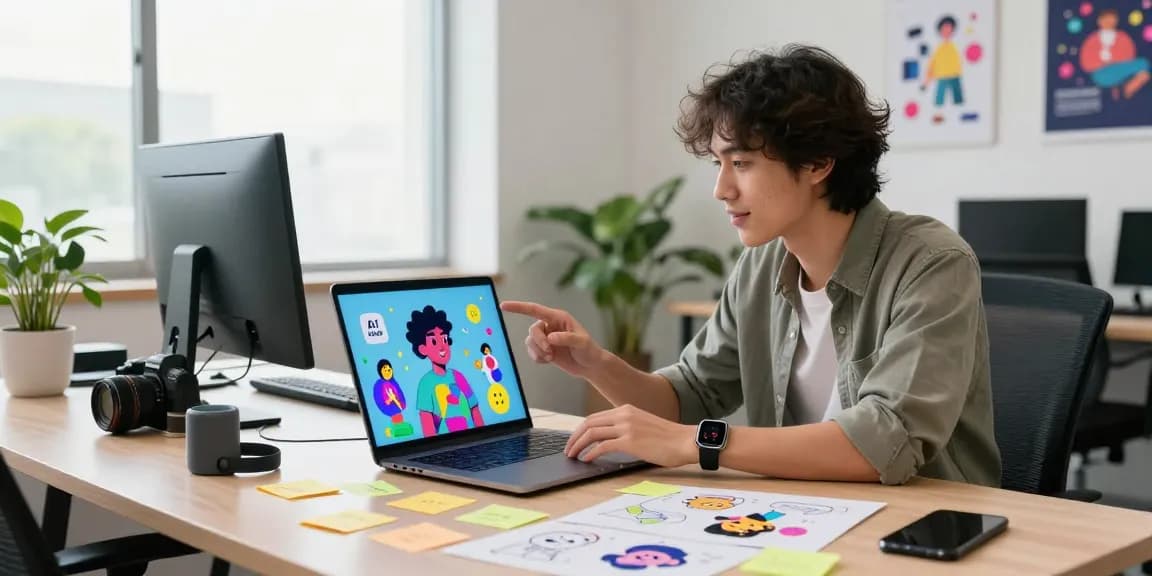 Engaging crushonai AI conversation in a modern workspace with colorful character sketches.