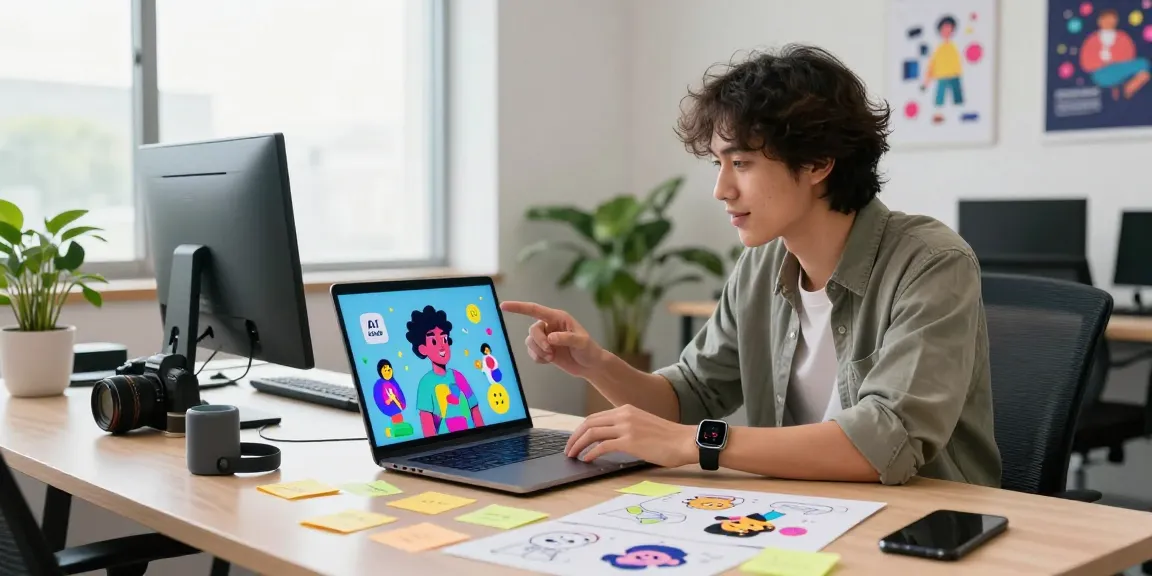 Engaging crushonai AI conversation in a modern workspace with colorful character sketches.