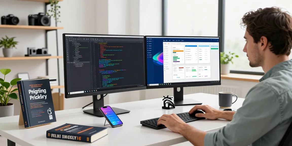 Download WPS Office in a modern software development workspace with vibrant code, technical books, and a productive atmosphere.