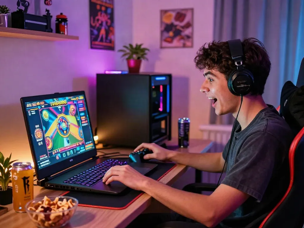 Engaged player enjoying rokok88 slot game in a stylish gaming setup.