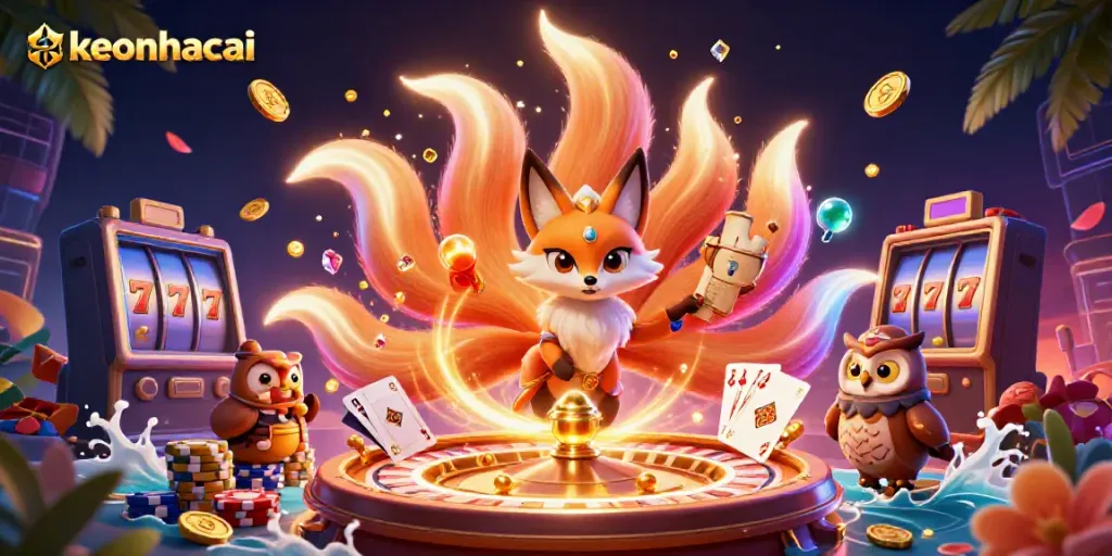 Experience thrilling action with keonhacai, as vibrant spirit characters celebrate at a lively casino scene filled with riches.