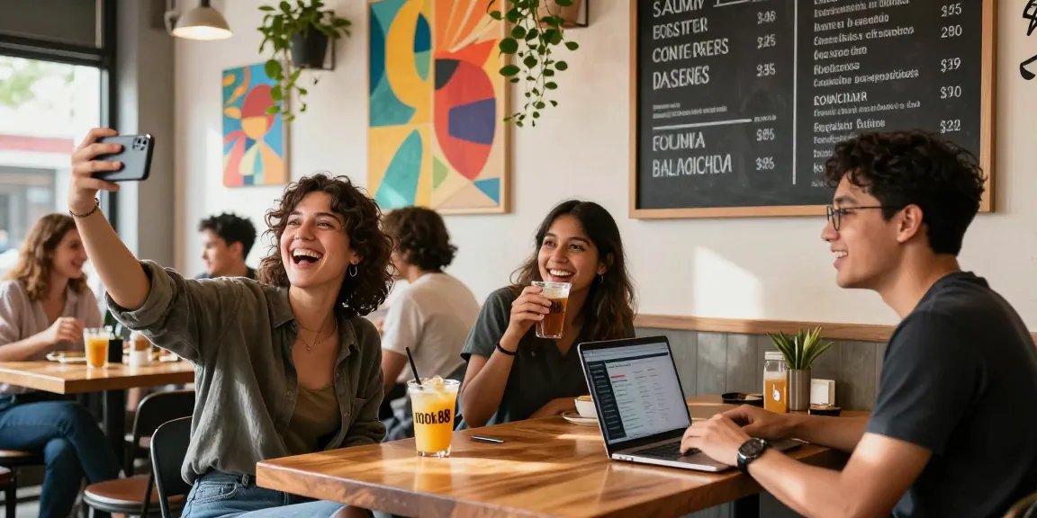 Friends enjoying drinks at a café featuring rokok88 branding, creating a lively atmosphere.
