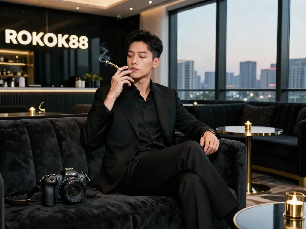 ROKOK88 apk showcased in a sophisticated lounge with a stylish professional.