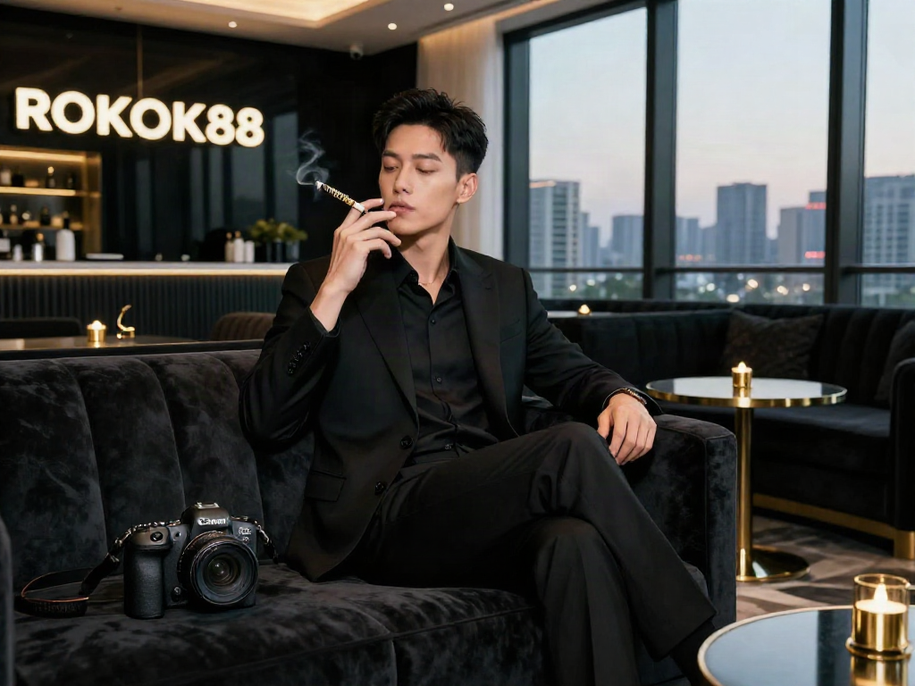 ROKOK88 apk showcased in a sophisticated lounge with a stylish professional.