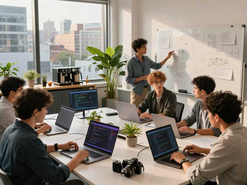 Team collaborating with crush ai technology in a modern workspace.