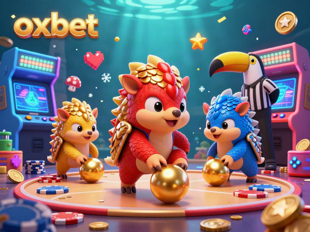 Engage with oxbet's vibrant casino experience featuring pangolins rolling golden balls through poker chips.