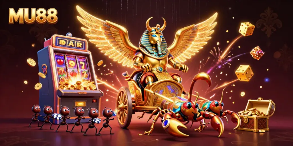 Spin the reels at MU88 with a magnificent golden scarab beetle charioteer in a vibrant casino scene.