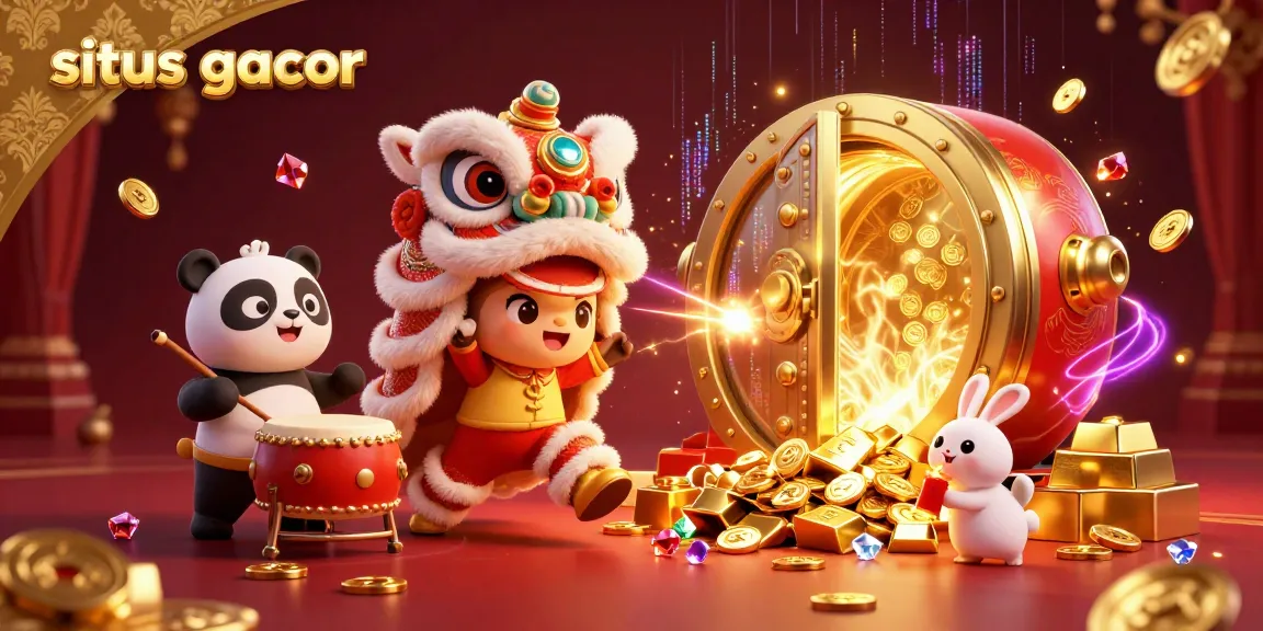 Experience exhilarating jackpots at situs gacor with a vibrant casino scene featuring a dynamic lion dance.