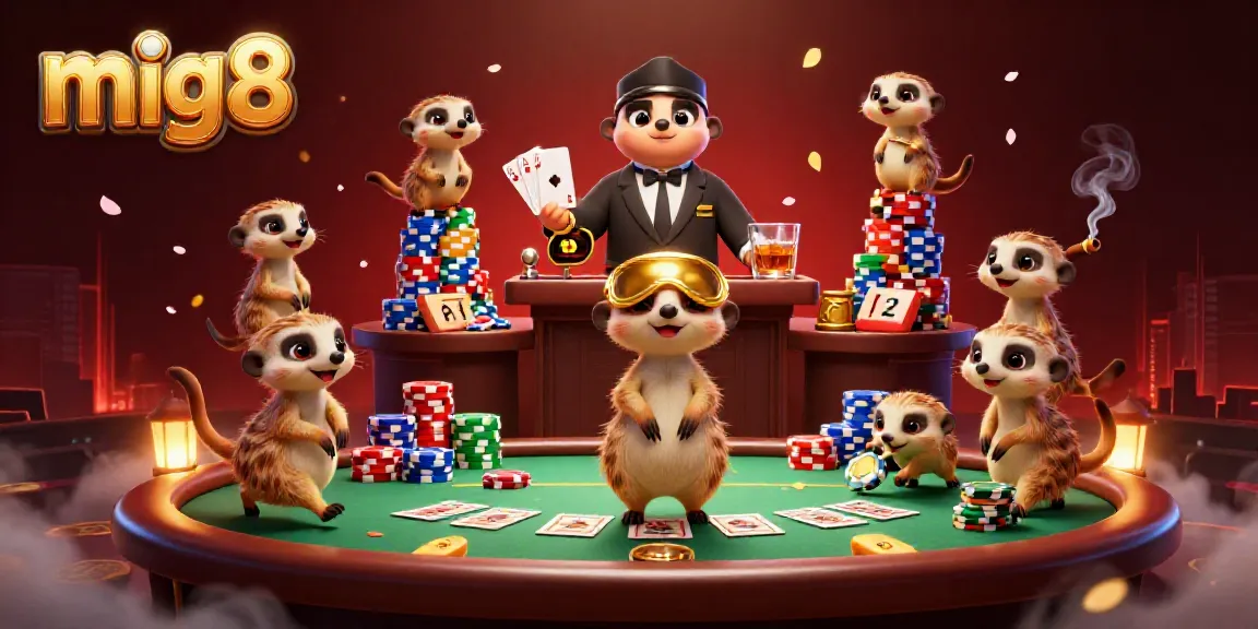 Meerkats operating a vibrant casino scene showcasing poker elements and decorations, representing mig8.