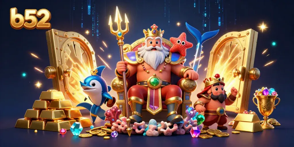 Experience the thrilling b52 gameplay with Neptune and treasures in a captivating casino scene.