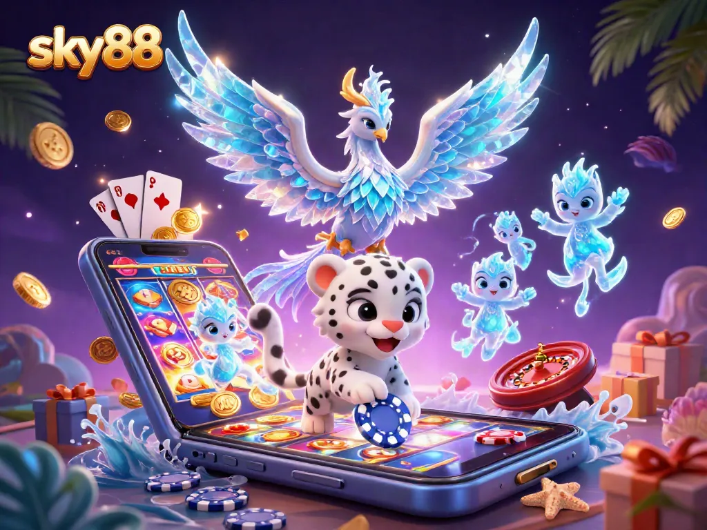 Experience thrilling gameplay with sky88 featuring a vibrant illustration of an ice phoenix and energetic casino elements.