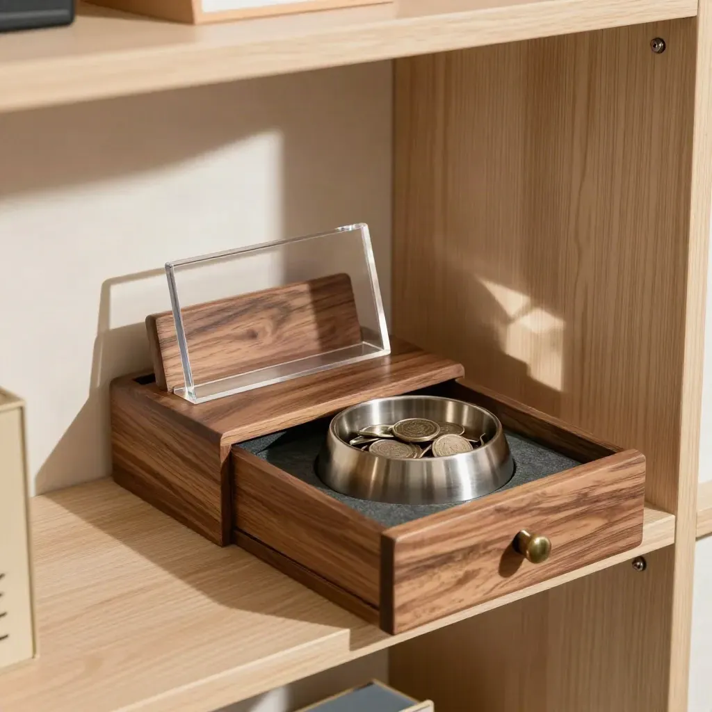 Shop counter acceptance setup with card dock, acrylic stand, drawer insert, and token bowl.