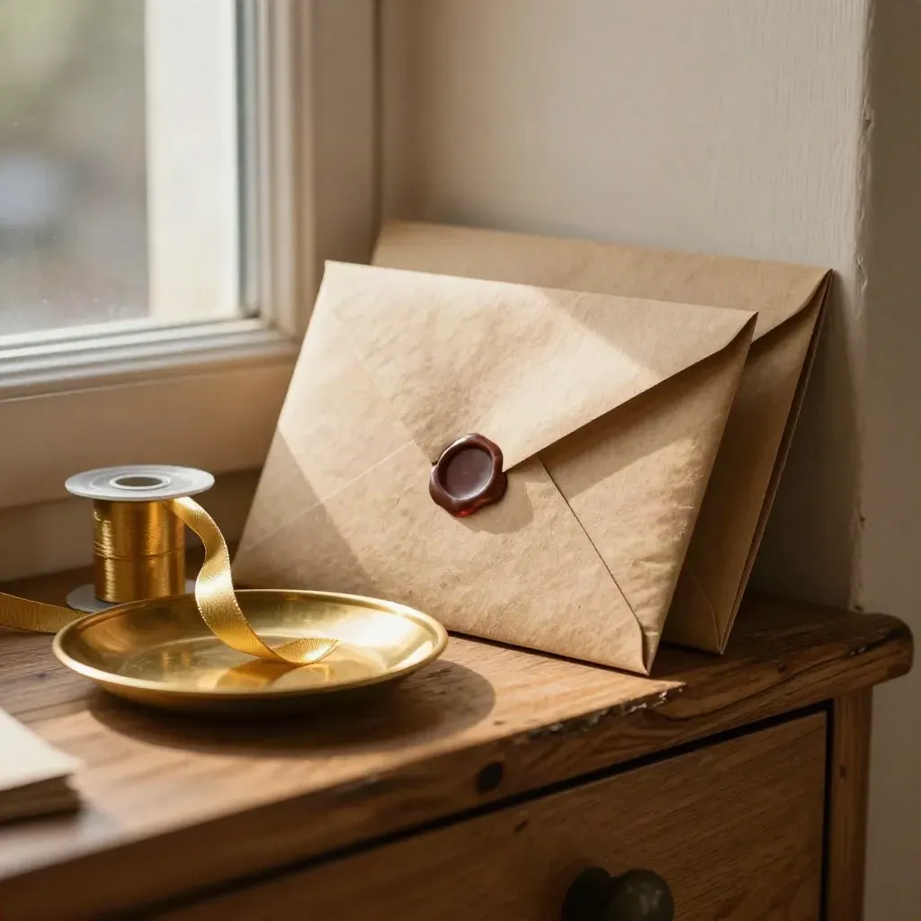 Kraft voucher envelopes, ribbon spool, brass dish and wooden drawer in a warm shop nook.