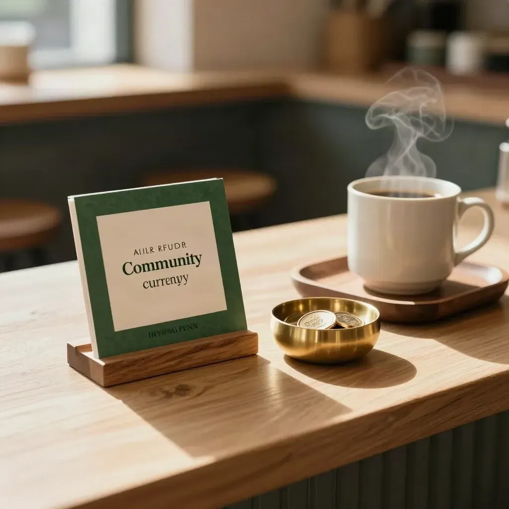 Café counter kit with green card stand, brass token bowl, walnut tray and steaming mug.