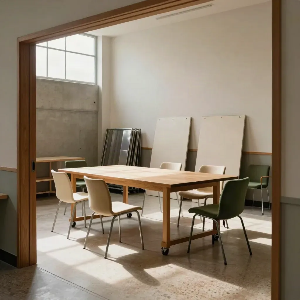 Moody civic workshop room with nested chairs, blank boards, and folded dividers in sunbeams.