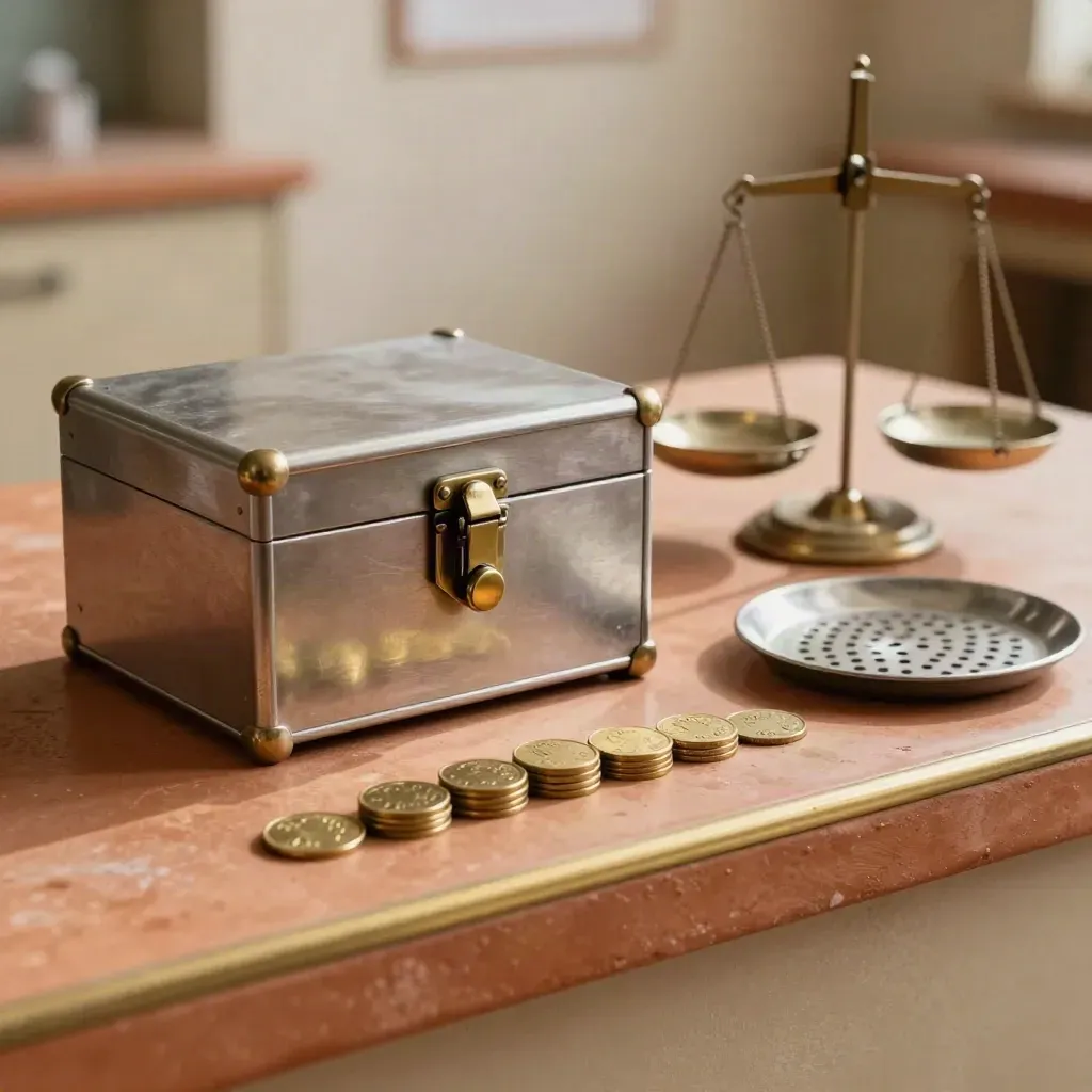 Lockable cash box, brass tokens and a balance scale on a terracotta ledge.