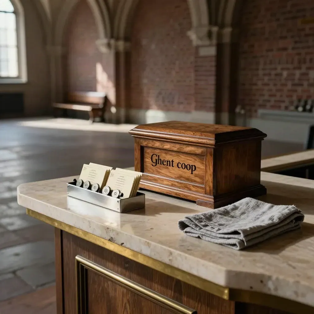 Co-op money counter with card tray, dues box, and token rack in a brick hall.