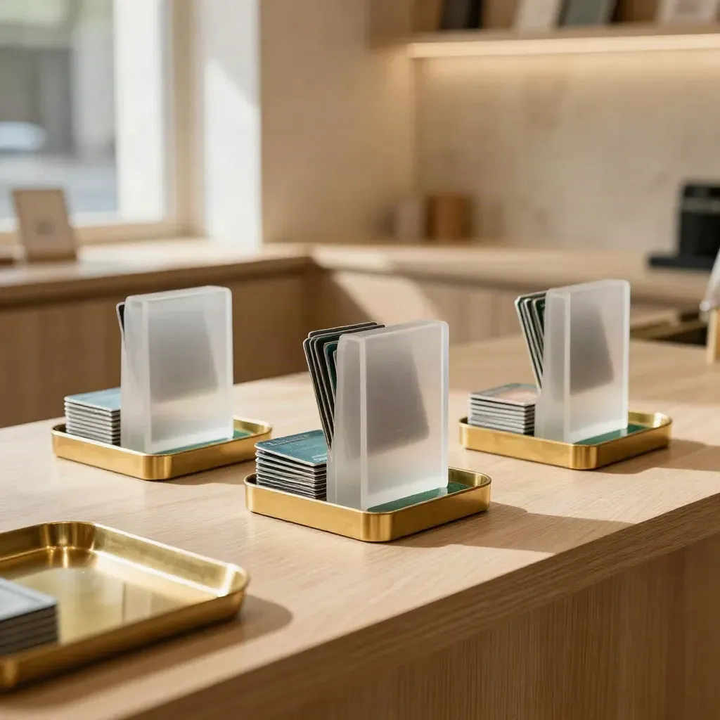 Three local-card stands and brass trays on a pale oak retail counter in bright daylight.