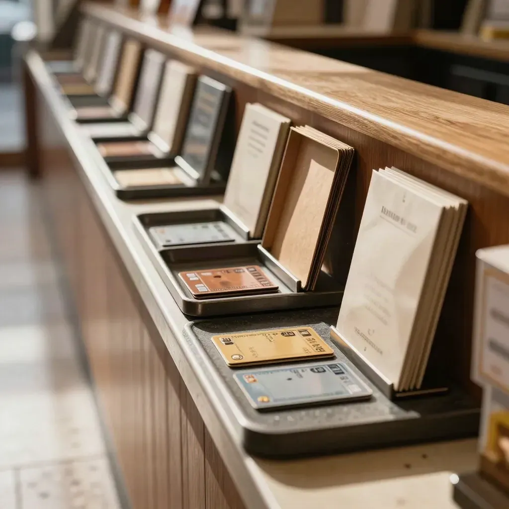 Sunlit arcade counters with merchant trays, starter kit boxes and payment cards.