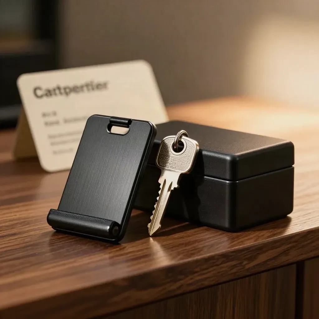 Drama-lit payment tools on walnut, with lockbox, card dock, token and key fob.