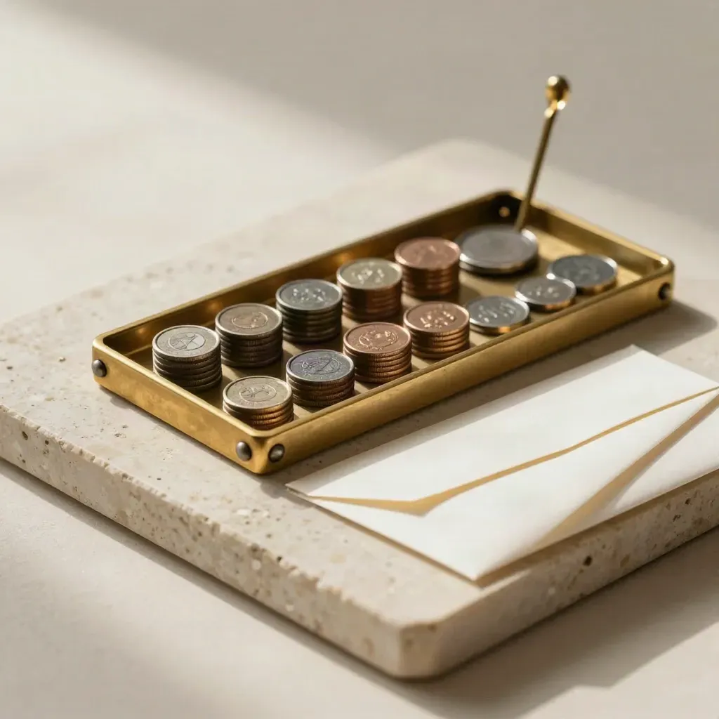 Brass tally frame, counting tokens and a sealed sample envelope on pale travertine stone