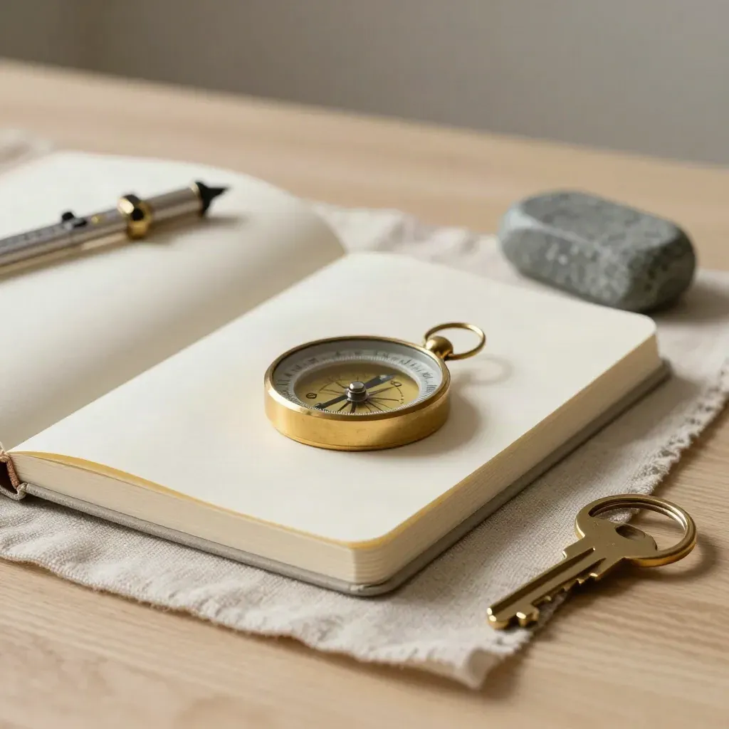Cream notebook, brass compass, key ring, and stone paperweight on a linen mat.