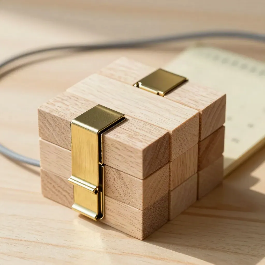 Overhead flatlay of wooden planning blocks, brass clips, and a coiled cord on pale oak.