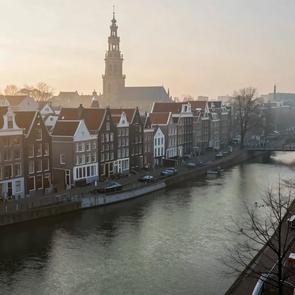 Amsterdam canal belt at dawn with tower, calm winter water, and mist