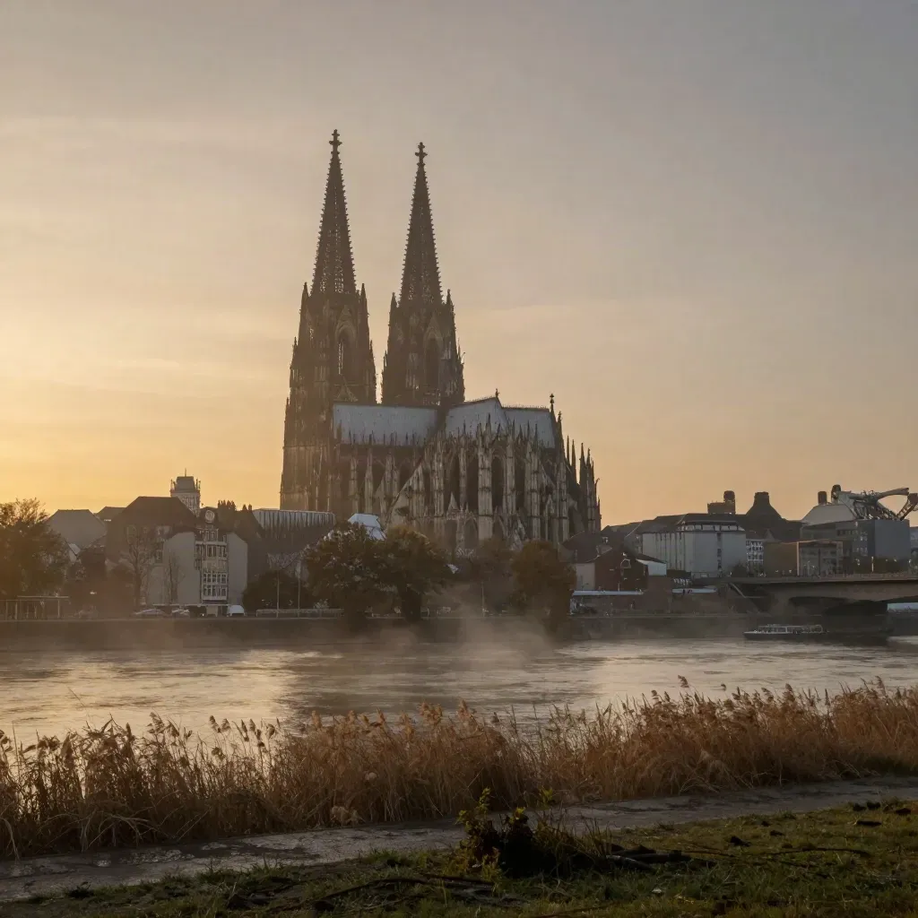 Cologne Cathedral above the Rhine in dusk haze with open calm water and reeds