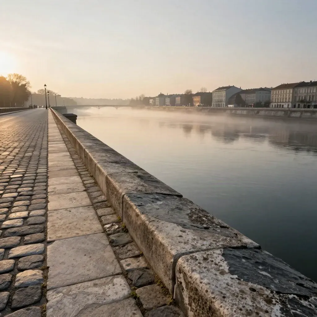 Stone quay and bridge edge above misty rooftops at sunset