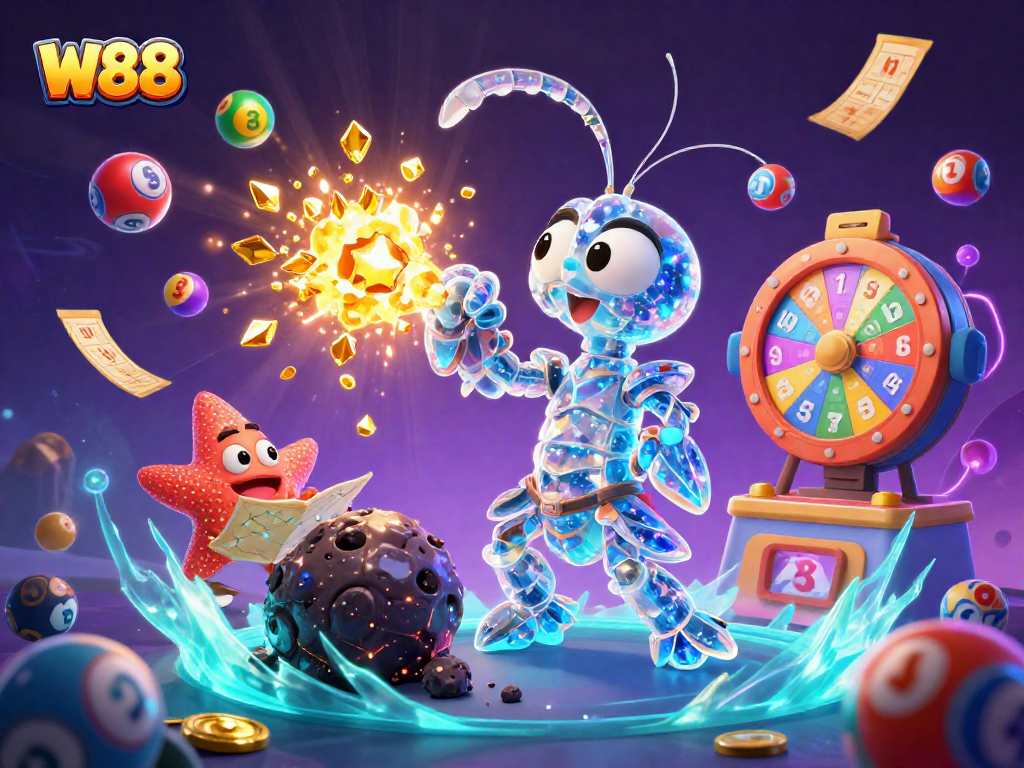 W88 players enjoy an exciting 3D casino adventure, featuring vibrant lottery elements, a galactic shrimp warrior, and treasure bursting forth.