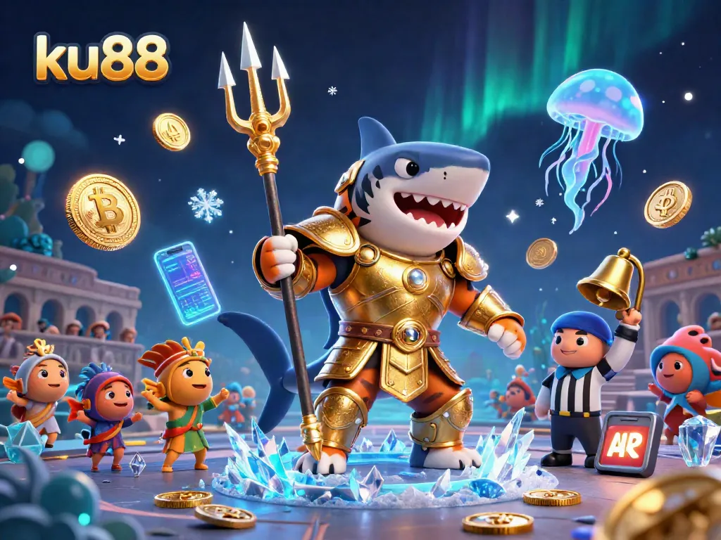ku88 offers exciting underwater gaming adventures with a fierce tiger shark in golden armor.