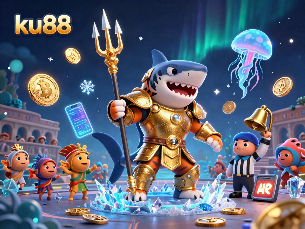 ku88 offers exciting underwater gaming adventures with a fierce tiger shark in golden armor.