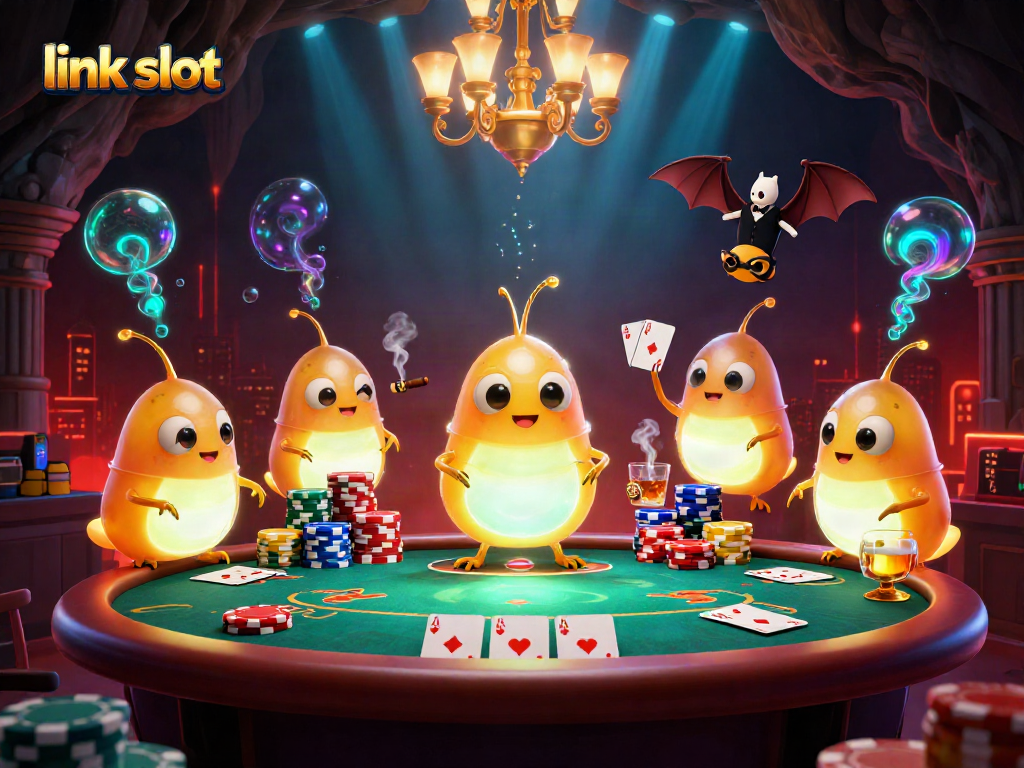 Engage winning strategies at link slot with lively 3D casino scene illuminated by glowworms.