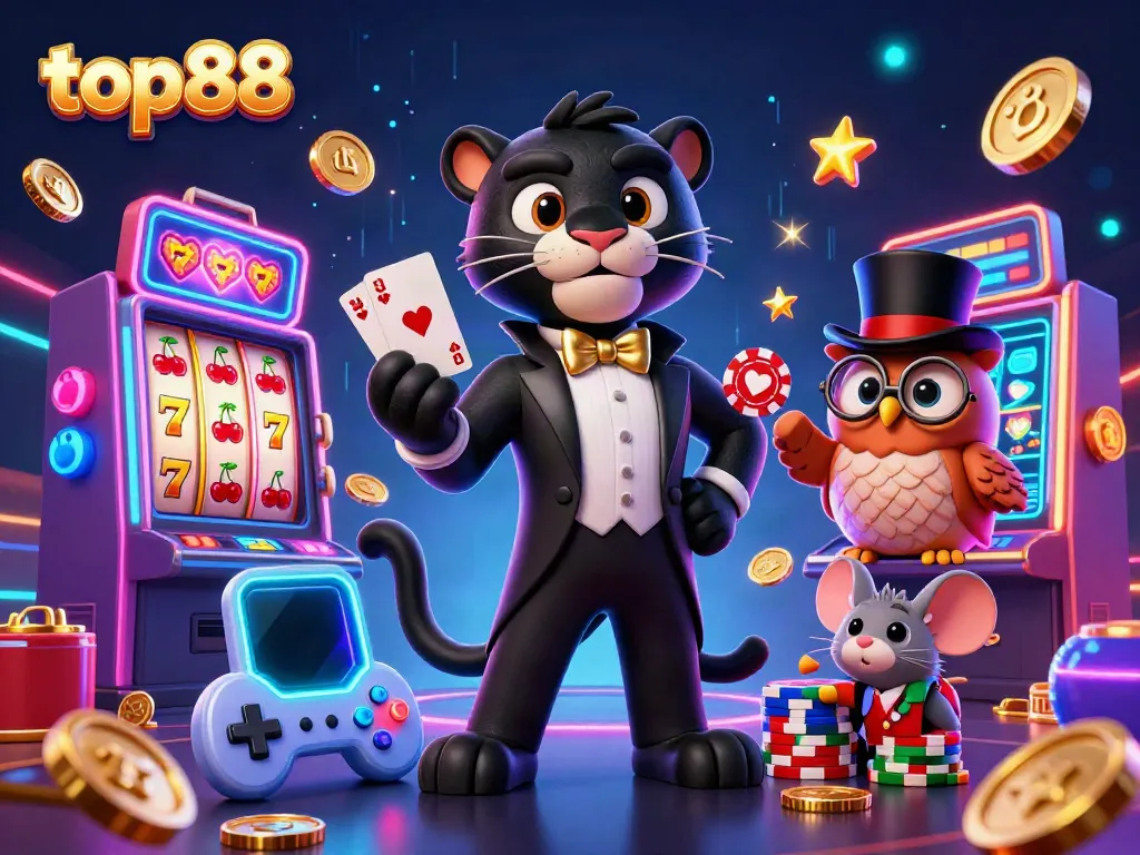 top88 themed casino illustration featuring a stylish panther dealer at slot machines