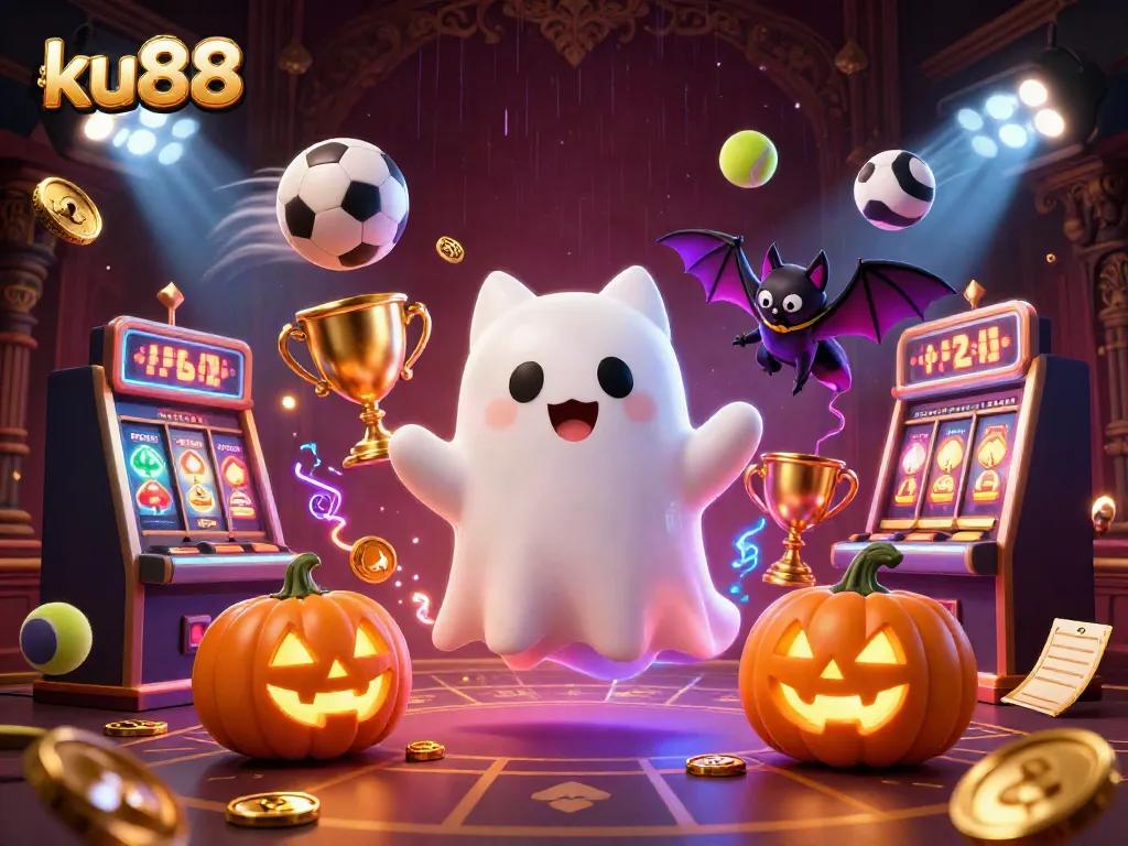 ku88's ghost cat and bat companion illuminate a haunted casino scene with vibrant gaming elements.