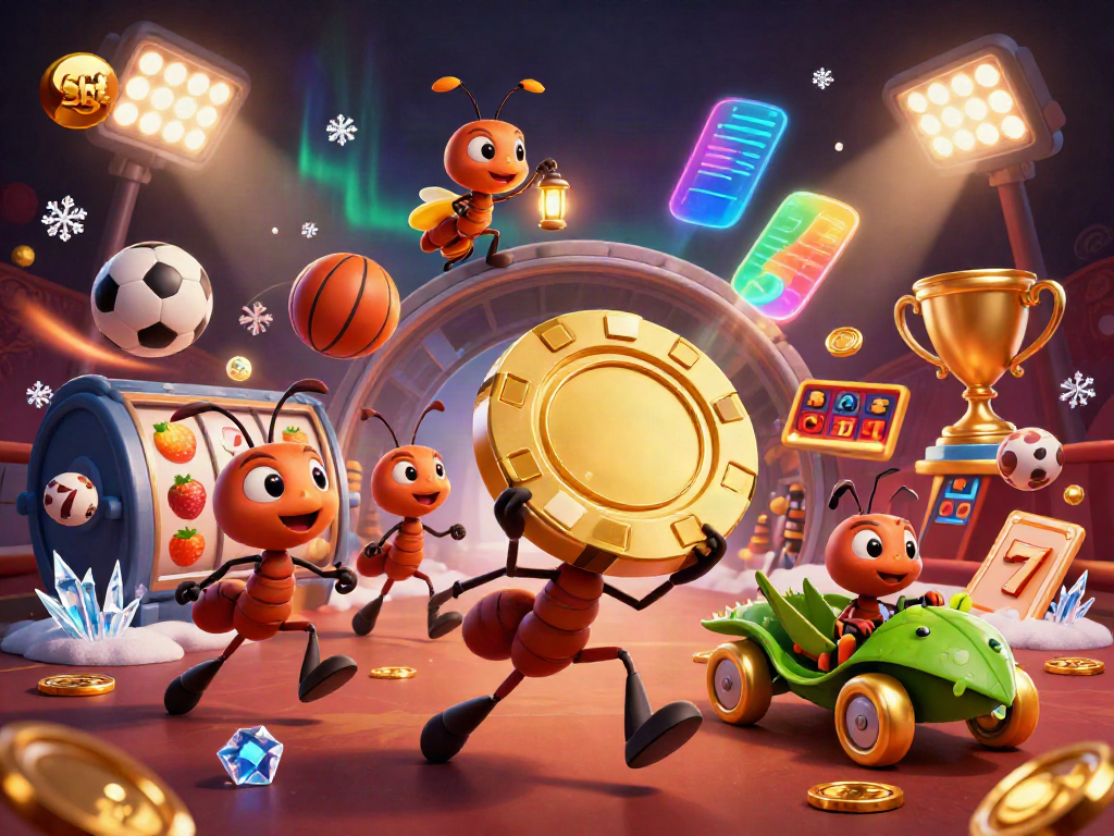 ants carry a giant golden poker chip in a slot-themed 3D illustration, dynamic casino elements
