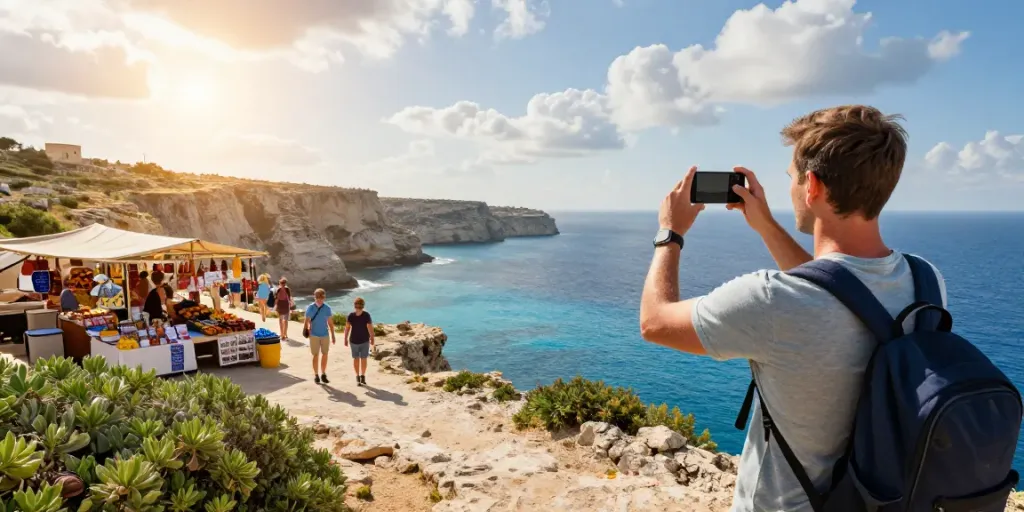 Exciting malta gozo tour showcasing a traveler capturing stunning views of the Mediterranean Sea.