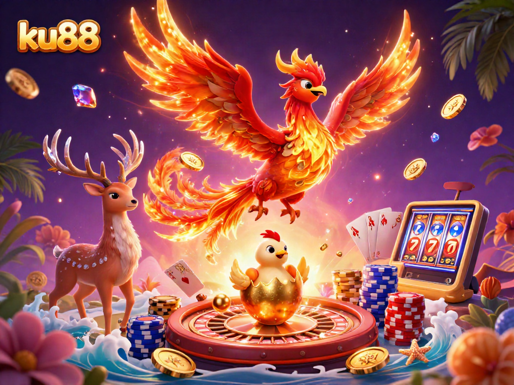 Experience excitement with ku88 as a phoenix soars amid casino treasures and vibrant gaming elements.