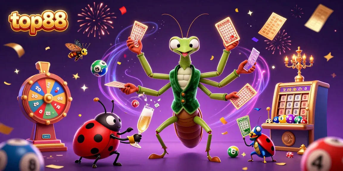Engaging scene depicting top88 casino with a giant mantis card dealer and ladybug pit boss, full of vibrant elements.