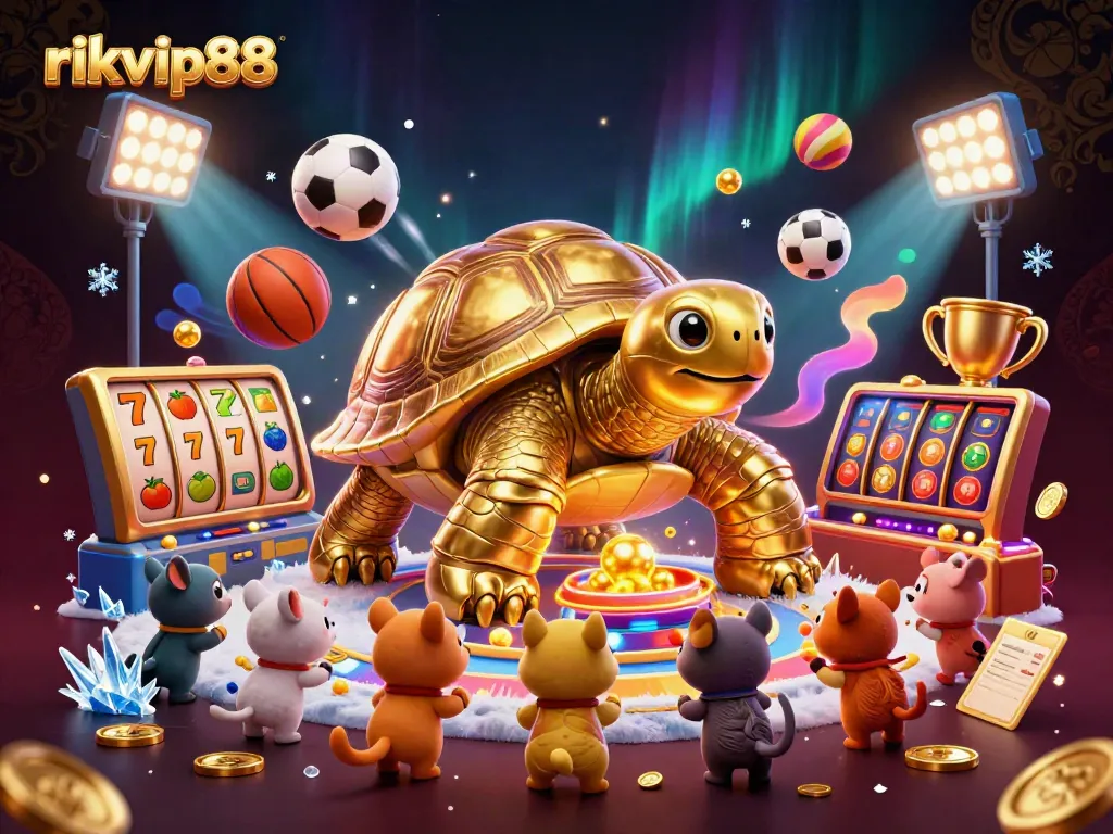 Engage with rikvip88 in a thrilling casino scene featuring a colossal golden tortoise and dynamic gaming elements.