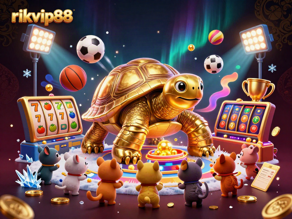 Engage with rikvip88 in a thrilling casino scene featuring a colossal golden tortoise and dynamic gaming elements.