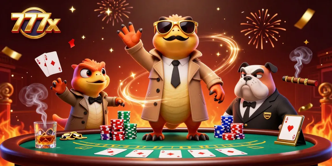 Experience the excitement of the 777x casino with raptors and bouncers in a vibrant scene.