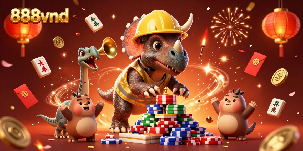 Raise your chips with 888vnd as a triceratops celebrates at a vibrant casino scene.